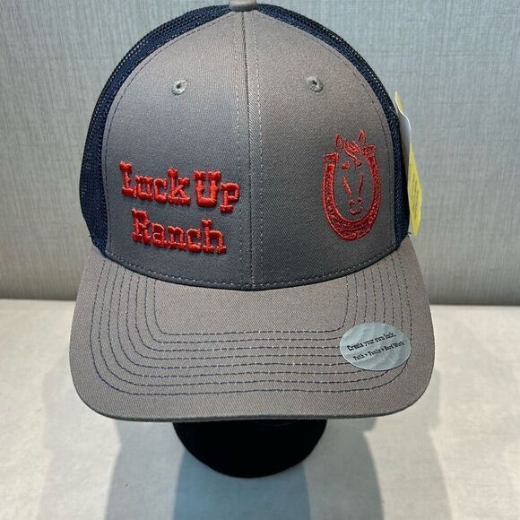 NEW Luck Up Ranch Trucker Hat Cap Gray Blue Mesh Snapback Horseshoe Horse Red Em - Picture 2 of 10
